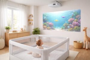 assurez la sécurité de votre bébé avec le vidéoprojecteur epson sans câbles dangereux, une installation propre et sécurisée pour un environnement serein.