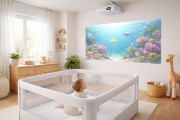 assurez la sécurité de votre bébé avec le vidéoprojecteur epson sans câbles dangereux, une installation propre et sécurisée pour un environnement serein.