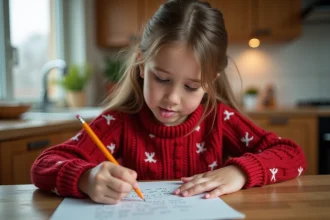 Petite fille en pull rouge écrivant une lettre au Père Noël en cursive à une table en bois