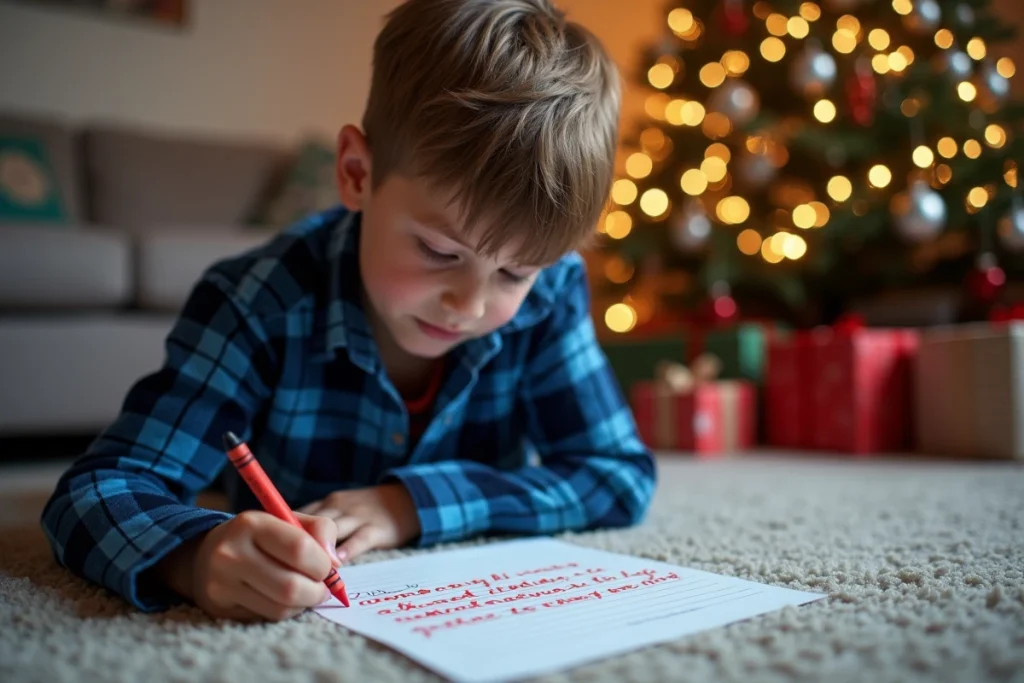 Garçon écrivant sa lettre au Père Noël en script imprimé sur le sol du salon décoré pour Noël