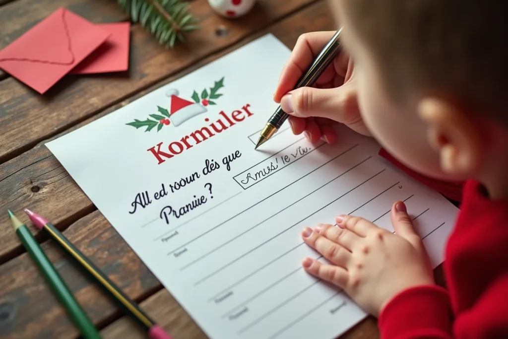 Gros plan d'une main d'enfant écrivant en cursive sur un modèle de lettre au Père Noël imprimé