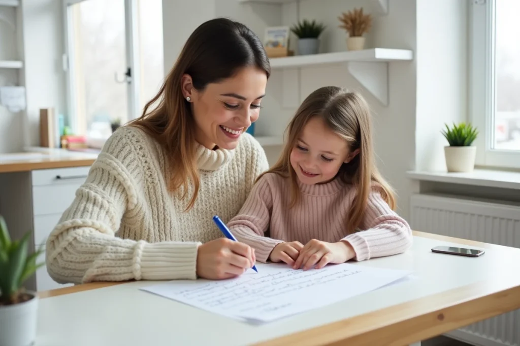 Mère aidant sa fille à écrire une lettre au Père Noël en script sur un modèle imprimé