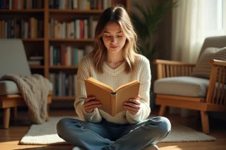 Jeune femme lisant les paroles d'une chanson enfantine dans un carnet de chansons traditionnel, assise sur un plancher en bois dans un salon cosy