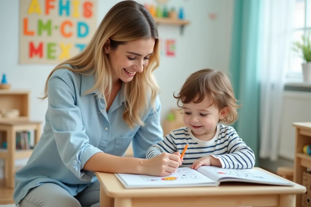 Femme aidant un enfant à suivre les paroles d'une comptine illustrée dans un livre de chansons pour enfants dans une salle de jeux colorée