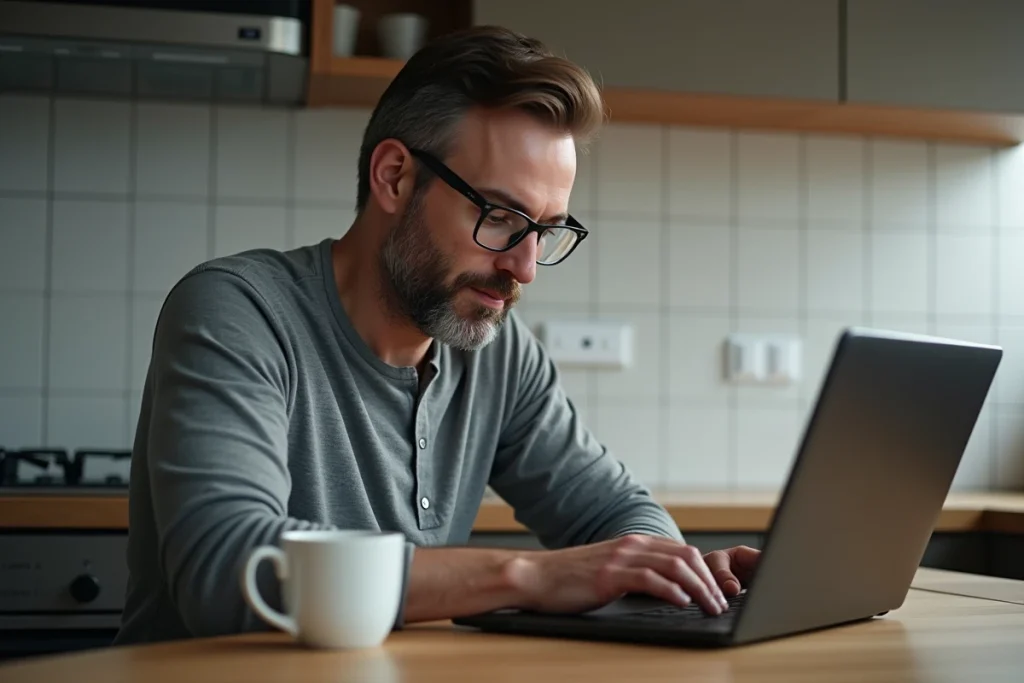Homme recherchant les paroles correctes d'une chanson pour enfants sur un ordinateur portable dans une cuisine moderne