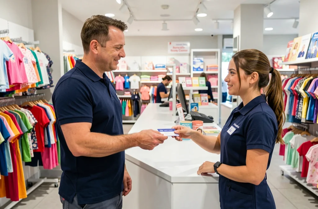 Client recevant sa carte de fidélité Orchestra en caisse dans un magasin pour enfants