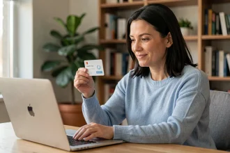 Femme activant sa carte club Orchestra sur un ordinateur portable à son bureau à domicile