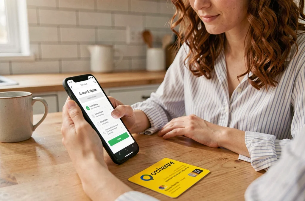 Jeune femme activant sa carte Orchestra mon compte depuis son smartphone dans sa cuisine