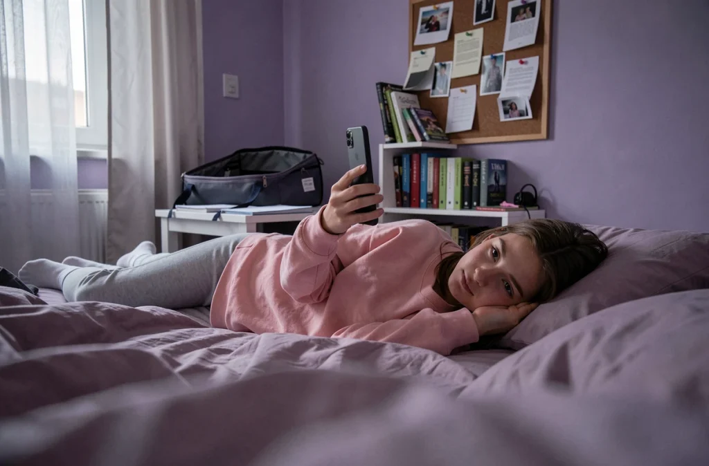 Adolescente allongée sur son lit et absorbée par son smartphone en fin d'après-midi, au détriment de ses devoirs scolaires