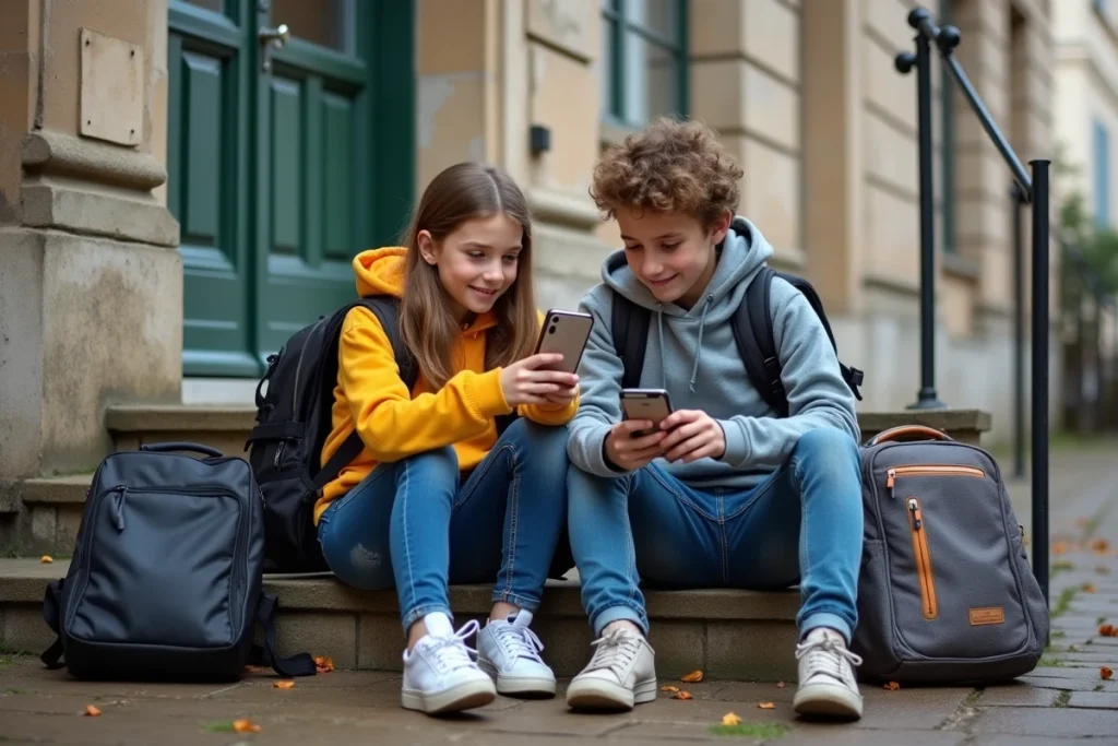 Deux adolescents devant leur lycée consultant le calendrier des zones scolaires 2026-2027 sur un smartphone