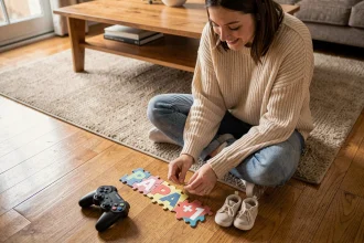 Jeune femme arrangeant des pièces de puzzle gaming pour annoncer sa grossesse au papa joueur avec des chaussons bébé