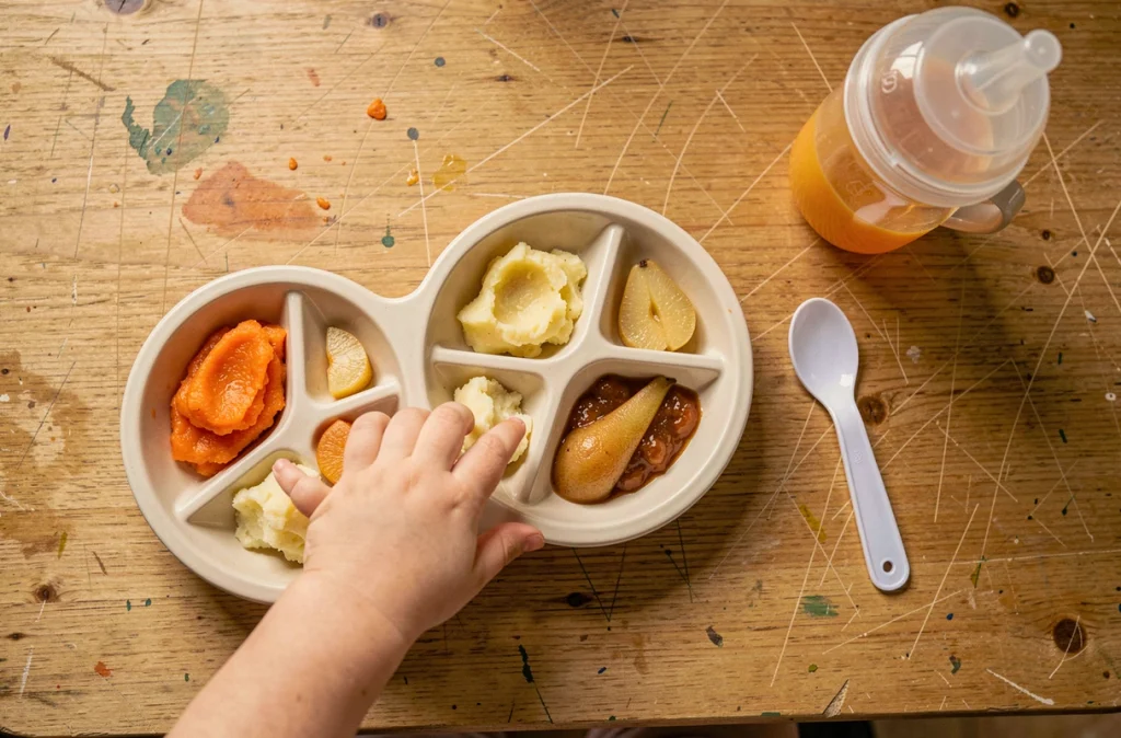 Assiette compartimentée avec des purées colorées servie lors d'un repas de diversification alimentaire en crèche