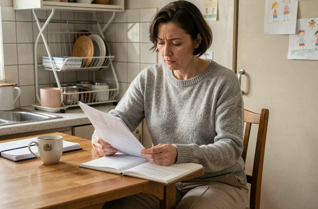 Assistante maternelle consultant des documents administratifs à son domicile, illustrant la charge de travail invisible du métier