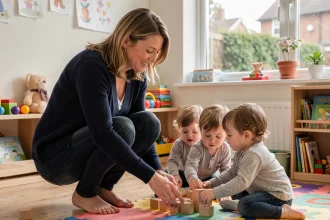 Assistante maternelle agréée jouant avec des enfants en bas âge dans un cadre de garde à domicile chaleureux