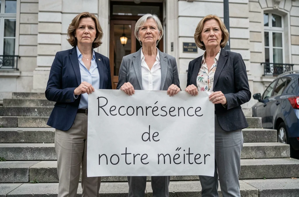 Assistantes maternelles rassemblées devant une mairie pour revendiquer la reconnaissance de leur profession
