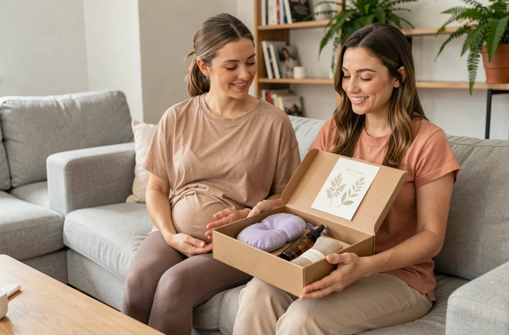 Deux femmes ouvrant une boîte cadeau de récupération post-accouchement avec chaussettes bambou, oreiller lavande et huile essentielle sur un canapé scandinave