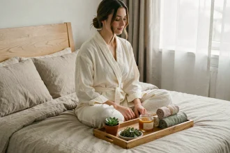 Jeune femme en robe de chambre ivoire assise sur un lit avec un plateau de cadeaux self-care post-accouchement, thé aux herbes et baume corporel