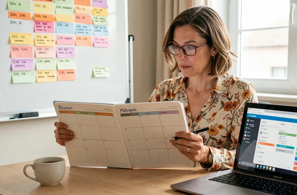 Femme comparant les calendriers scolaires de la Réunion et de la métropole dans un bureau organisé