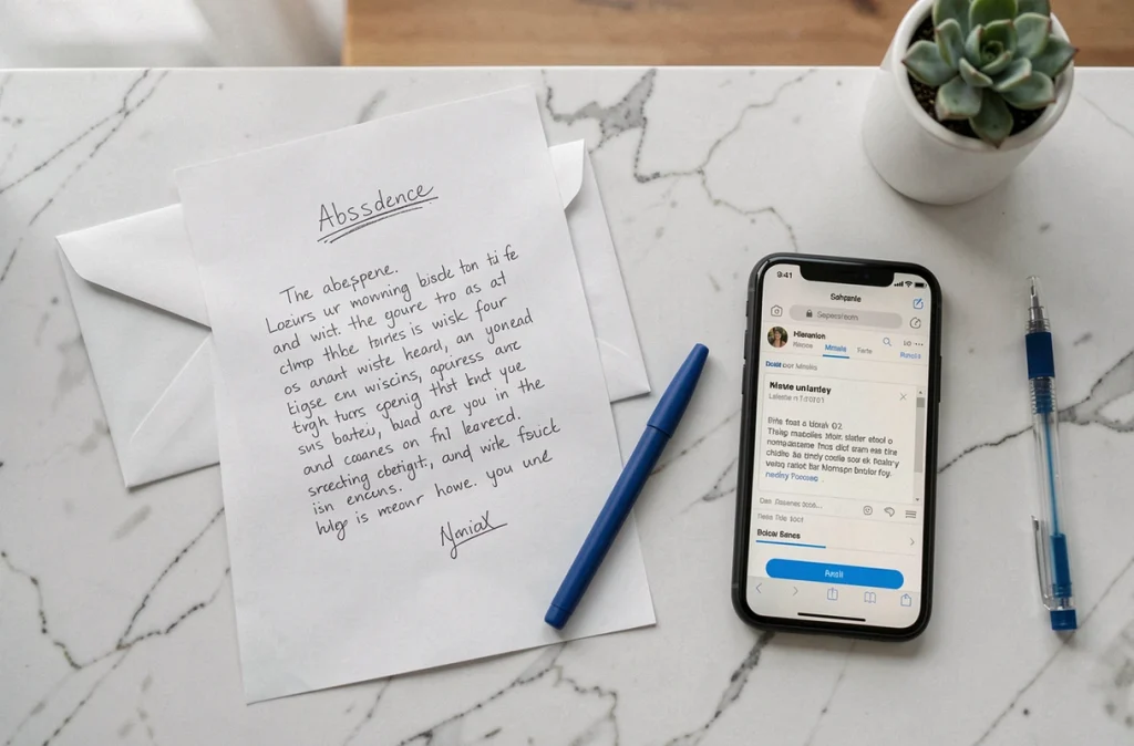 Comparaison entre lettre papier et email pour justifier une absence scolaire, vue à plat sur un bureau en marbre