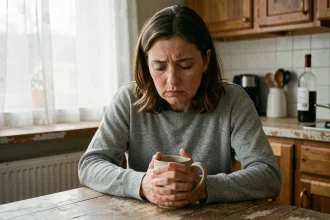 Femme épuisée assise seule à la table de cuisine avec une bouteille de vin en arrière-plan, illustrant la solitude du conjoint d'un alcoolique