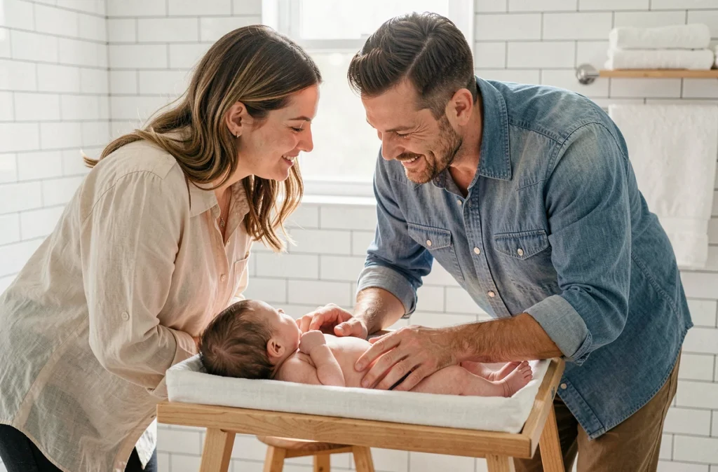 Couple de jeunes parents prenant soin ensemble de leur bébé sur une table à langer, illustrant le partage des responsabilités parentales