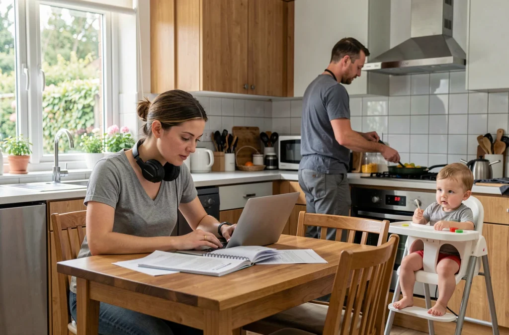 Couple gérant le télétravail et la garde d'un jeune enfant simultanément dans la cuisine familiale