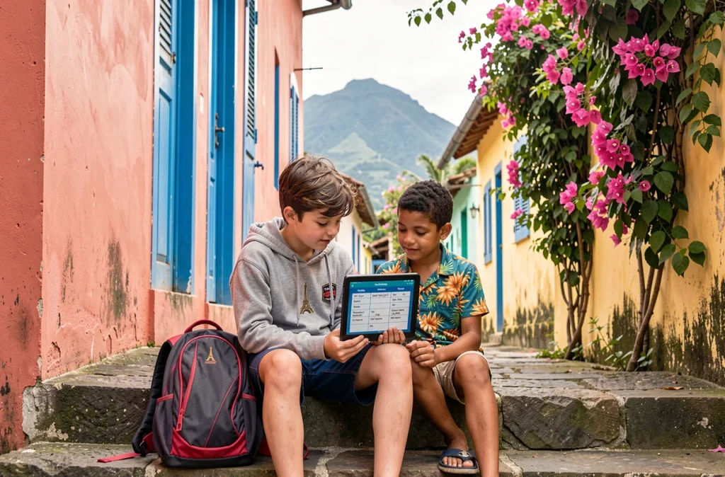 Deux cousins, l'un de métropole et l'autre de la Réunion, consultant un planning de vacances scolaires sur une tablette devant une maison créole