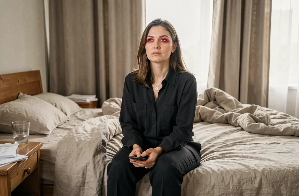 Femme assise sur le bord du lit sans avoir dormi, regard perdu dans le vide, illustrant la détresse émotionnelle du conjoint face à l'alcoolisme