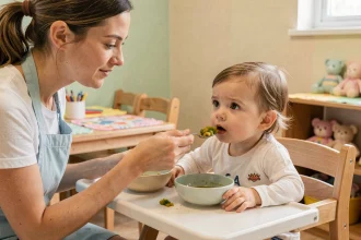 Auxiliaire de puériculture proposant une purée de légumes à un jeune enfant en crèche lors de la diversification alimentaire