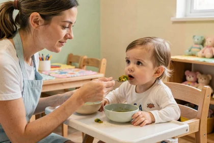 Auxiliaire de puériculture proposant une purée de légumes à un jeune enfant en crèche lors de la diversification alimentaire