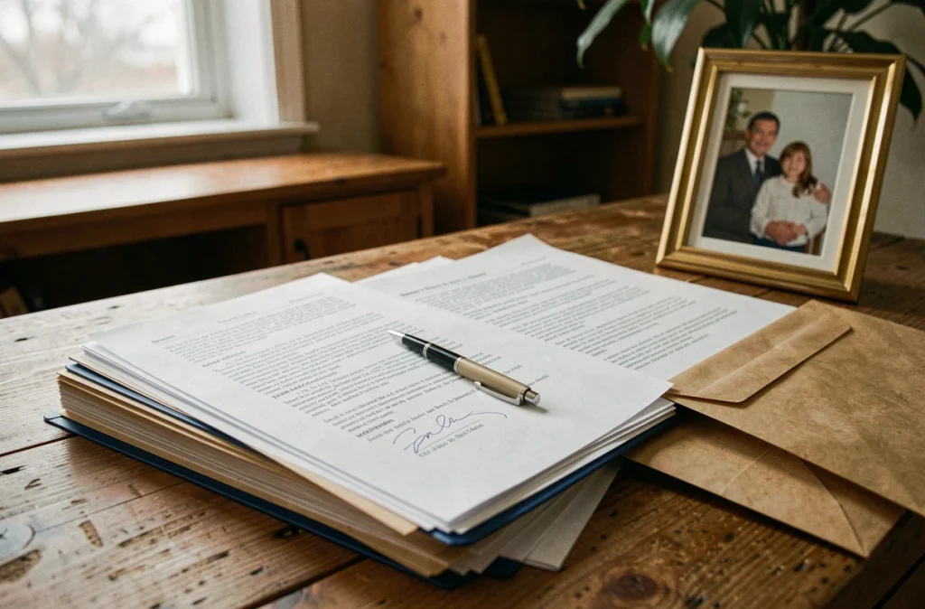 Documents juridiques et photo de famille floue sur un bureau en bois, évoquant les révélations personnelles et judiciaires d'une affaire conjugale