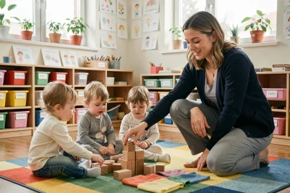 Éducatrice en maternelle animant une activité sensorielle avec des tout-petits assis sur un tapis coloré en classe