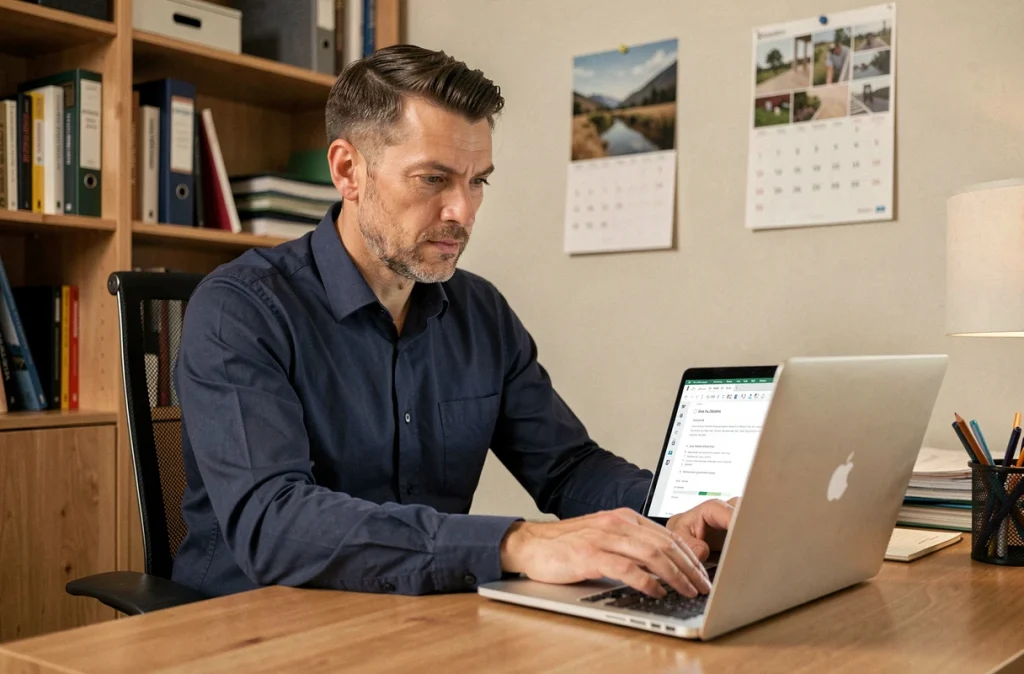 Père rédigeant un email de justification d'absence scolaire sur un ordinateur portable dans un bureau à domicile