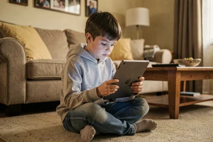 Enfant de 8 ans absorbé par une tablette numérique dans un salon familial, illustrant la préoccupation des spécialistes autour du temps d'écran chez les jeunes