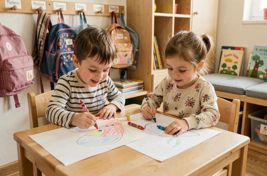 Deux enfants en maternelle dessinant avec des crayons sur une grande feuille à une table en bois adaptée à leur taille