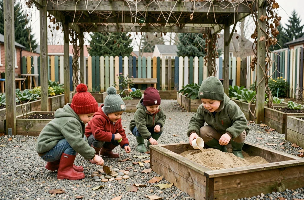 Groupe d'enfants de maternelle jouant librement dans une cour extérieure aménagée avec un bac à sable et des jardins pédagogiques