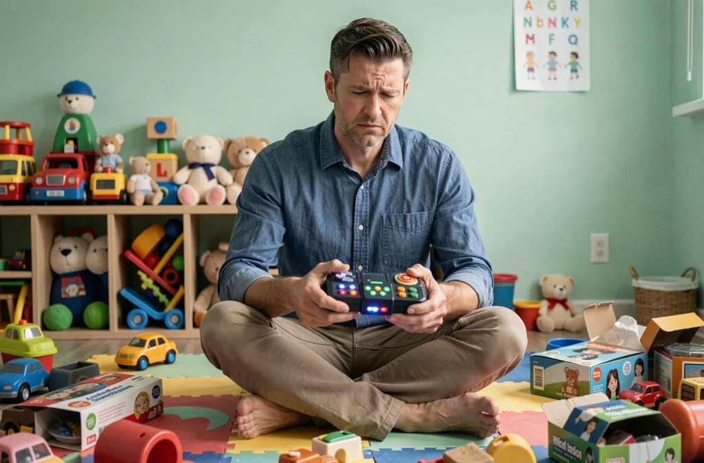 Père tenant un jouet électronique trop complexe pour un enfant de 4 ans au milieu d'une salle de jeux encombrée