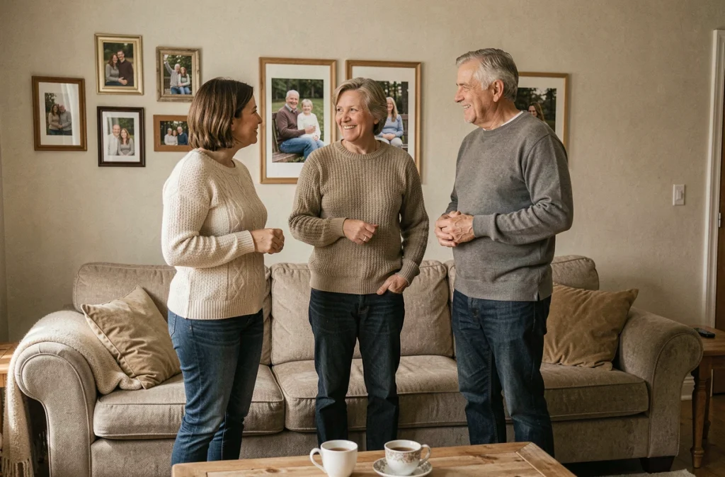 Trois membres d'une famille adulte discutant dans un salon chaleureux, illustrant l'intimité familiale et la question du respect de la vie privée dans les médias