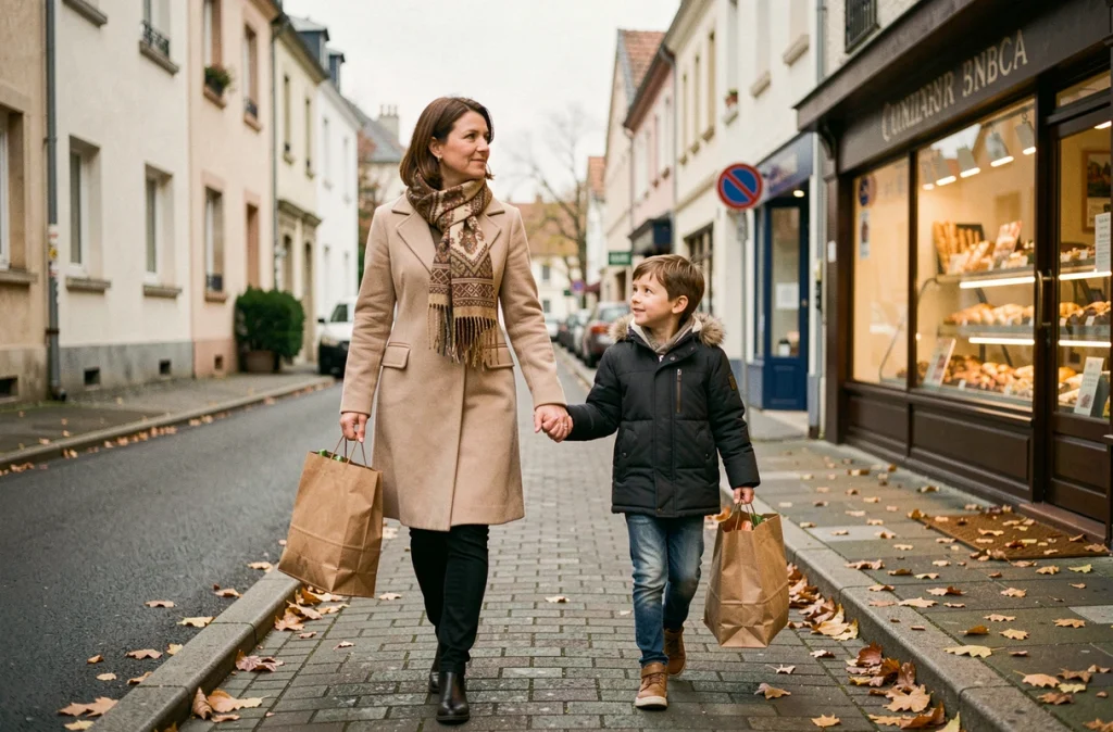 Mère monoparentale et sa fille rentrant à la maison dans une rue de banlieue française en automne