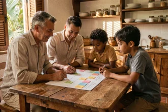 Famille réunionnaise planifiant les vacances scolaires 2026 autour d'un calendrier annoté sur une table en bois