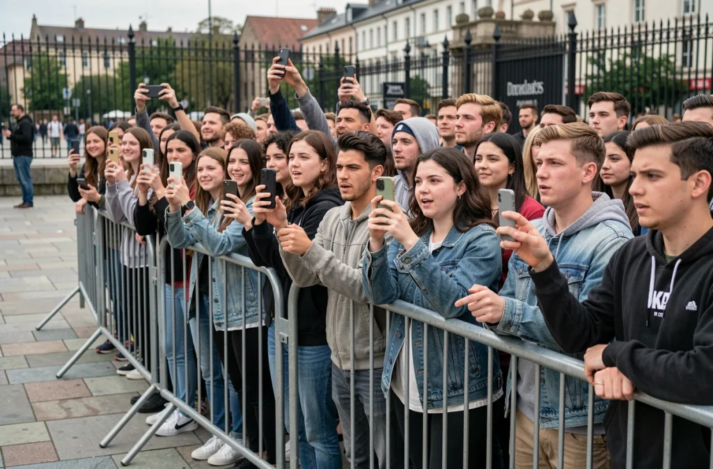 Groupe de fans photographiant une personnalité publique derrière une barrière lors d'un événement médiatique, illustrant les limites de la curiosité des admirateurs