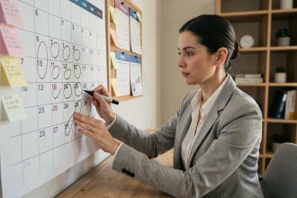 Femme consultant un calendrier mural papier pour identifier les semaines paires et impaires dans un bureau moderne