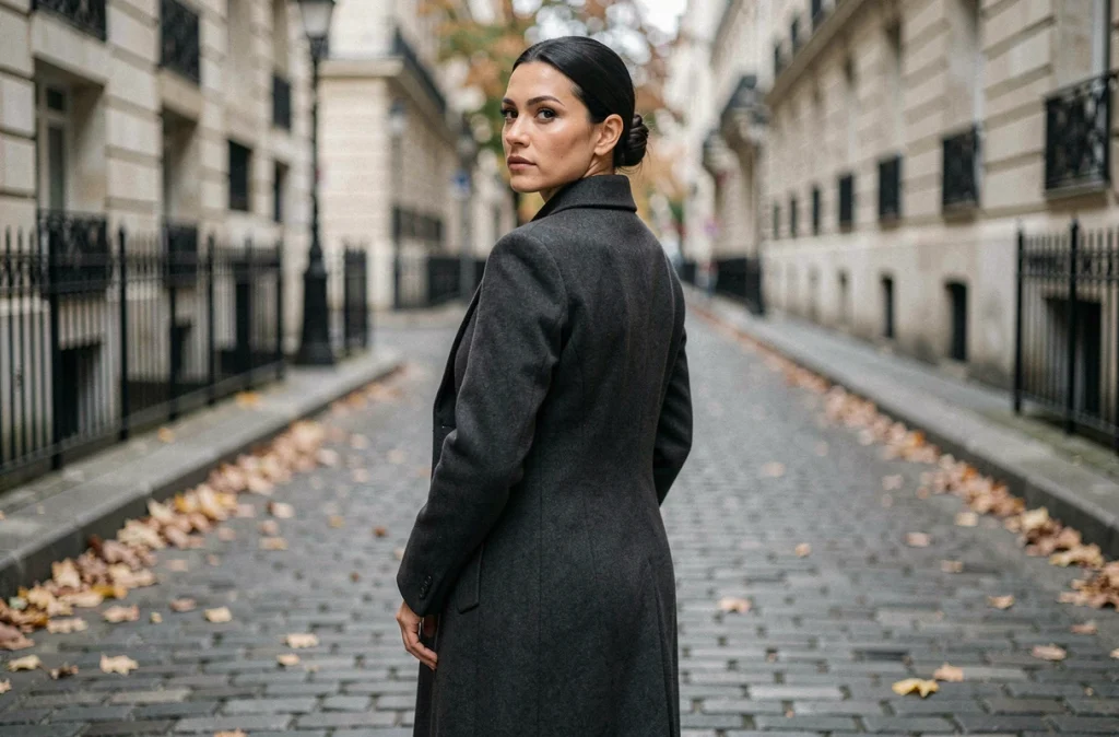 Femme professionnelle dans une rue parisienne, posture discrète évoquant la protection de l'intimité