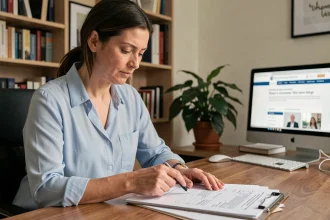 Femme consultant des documents administratifs de la CAF sur son bureau à domicile