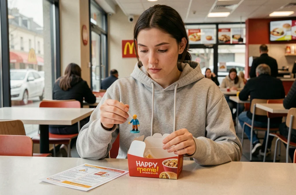 Jeune femme lisant les informations allergènes d'un Happy Meal McDonald's dans un restaurant français