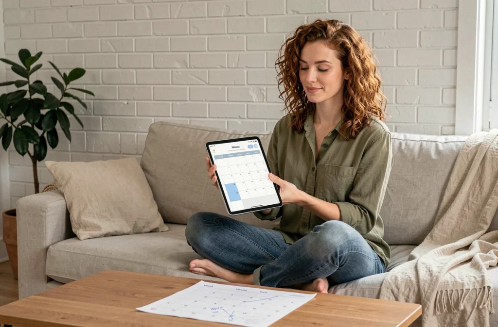 Jeune femme utilisant une tablette avec une application de calendrier pour visualiser les semaines paires et impaires à domicile