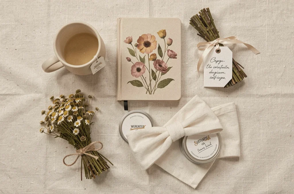 Flat-lay de produits cadeaux cocooning et self-care pour femme après accouchement, baume karité, journal bien-être et thé aux plantes sur lin crème