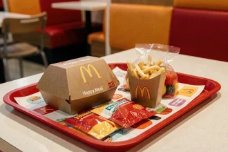 Happy Meal McDonald's France sur un plateau rouge avec frites et sachet de fruits, dans un restaurant aux couleurs vives