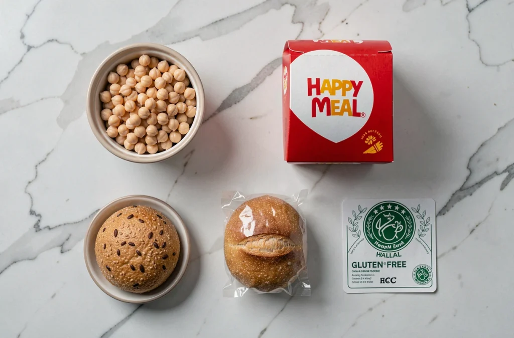 Plateau représentant les options halal, végétarien et sans gluten du Happy Meal McDonald's avec étiquettes et aliments variés
