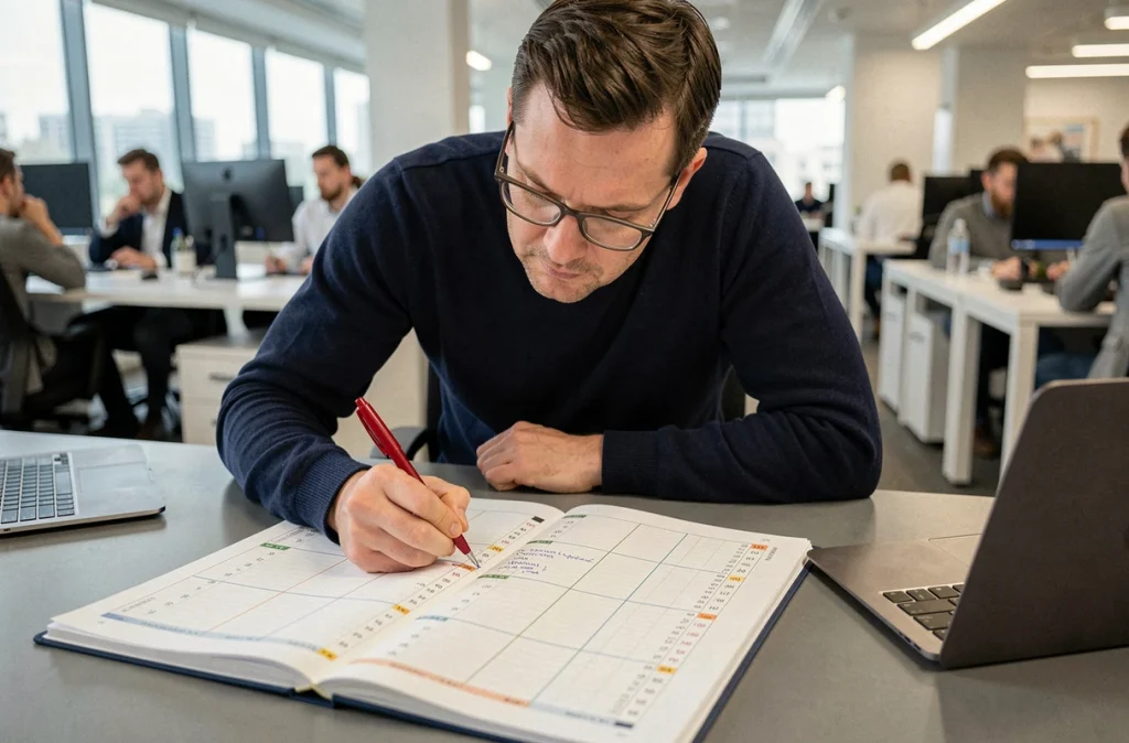 Homme annotant un agenda de bureau ouvert sur deux semaines pour marquer les numéros de semaines paires et impaires